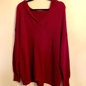 Maroon Fringe Trim Long Sleeve Hooded Sweater Size 2XL